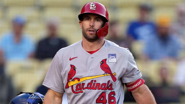 St. Louis Cardinals first baseman Paul Goldschmidt (46) reacts after striking out during the third inning as Los Angeles Dodgers catcher Austin Barnes (15) looks on at Dodger Stadium.